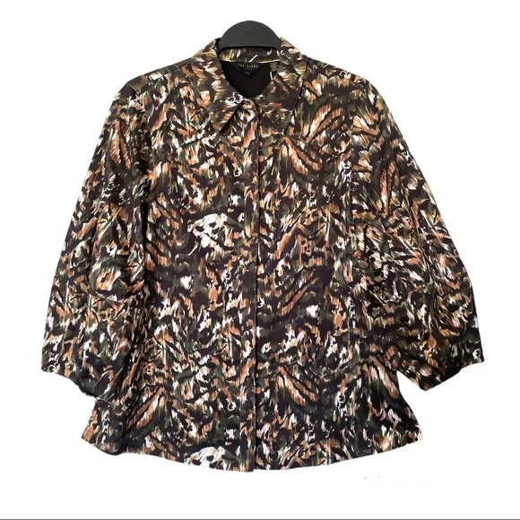 NWT Ted Baker London Evrett Lantern Sleeve Jungle Print Top, Khaki/Multi Size 4